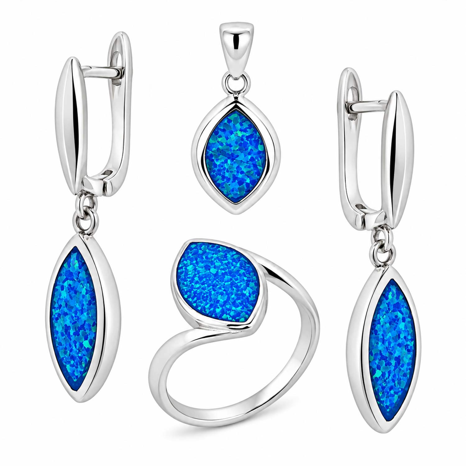Schmuckset aus 925 Silber mit blauem Opal: Ohrhänger +Anhänger +Ring