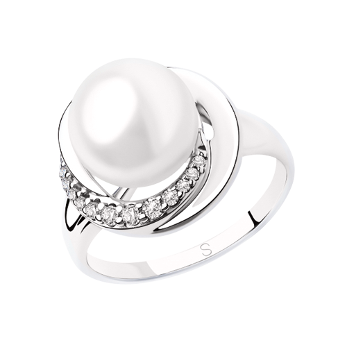 Erstaunlicher Damenring, Silber 925, mit Perle HTS und 12 Zirkonia, Frontbreite ca. 14 mm