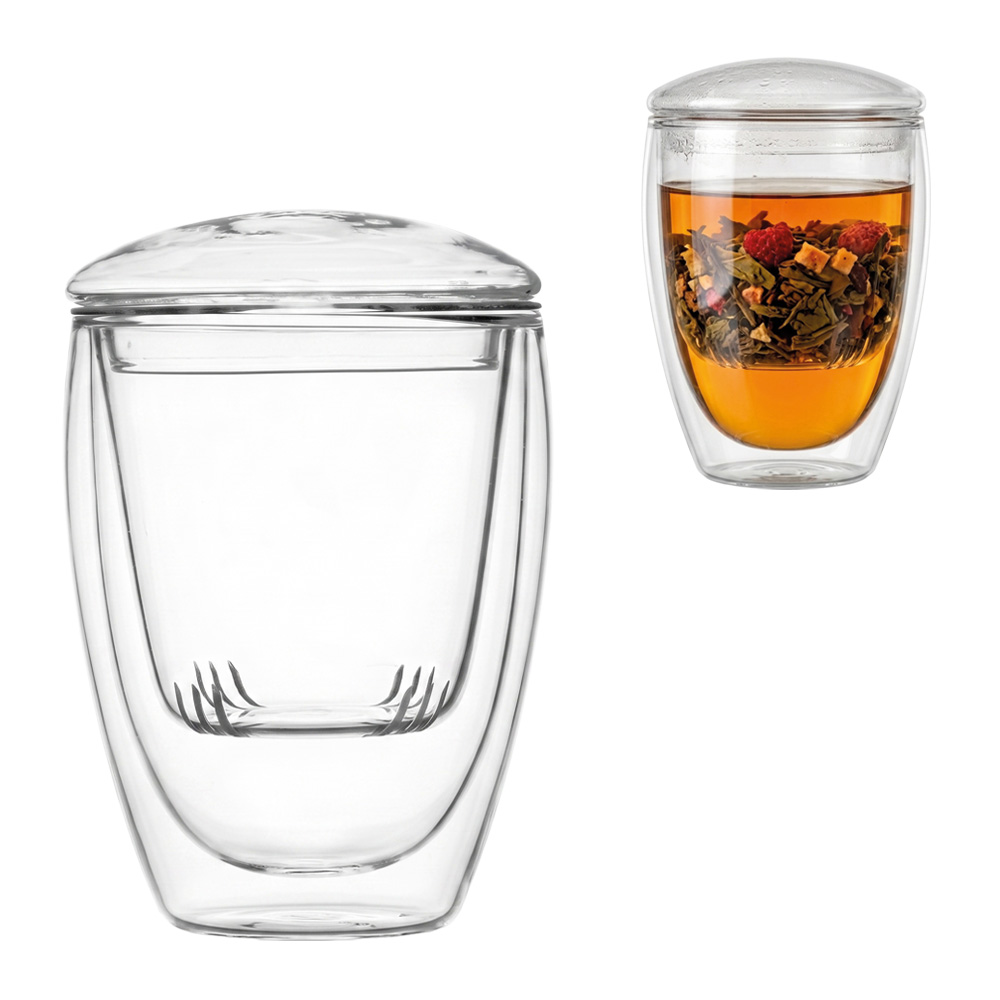 Doppelwandige Glas-Thermotasse 3-in-1 mit Teesieb und Deckel, 350 ml