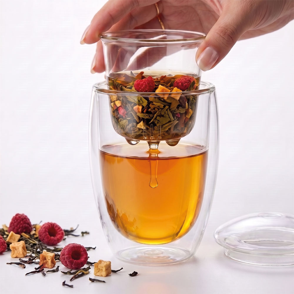 Doppelwandige Glas-Thermotasse 3-in-1 mit Teesieb und Deckel, 350 ml