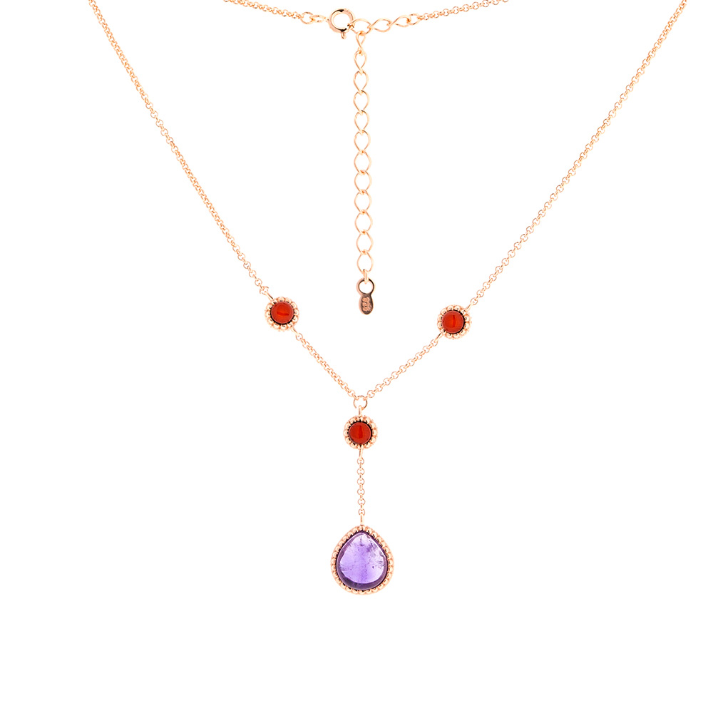 Collier rosévergoldet aus 925 Silber mit Kirschbernsteinen und Amethyst