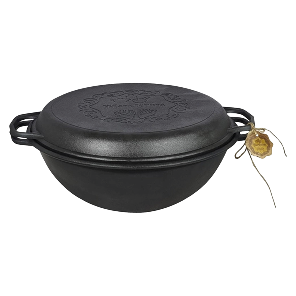Uzbekischer WOK Kessel aus Gusseisen, mit Pfannen-Deckel, 15 L