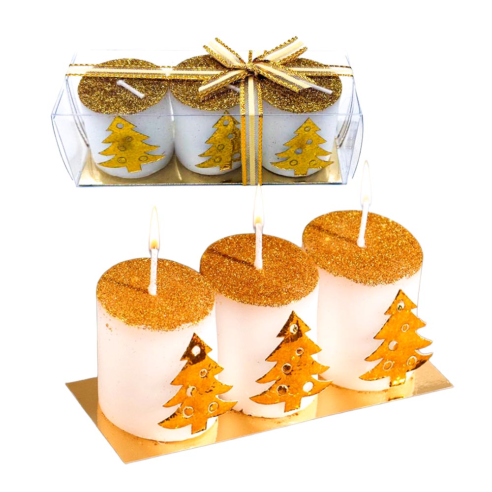 Kerzenset, mit goldenen Tannenbaum-Mustern, 13 x 4,5 x 4,5 cm ( 3 Stück)