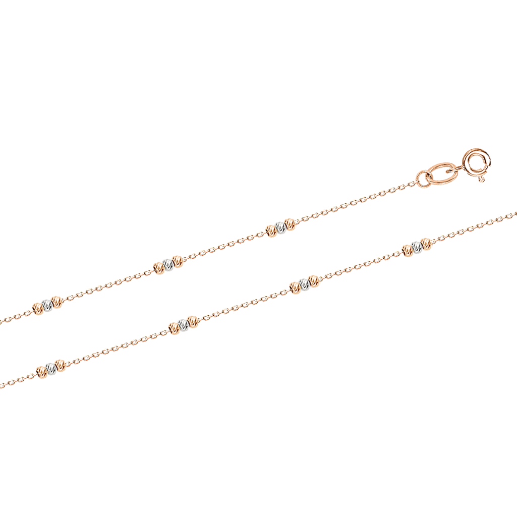 Filigranes Fußkettchen aus Rotgold 585 mit Bicolor-Kugeln, Länge 23–26,5 cm