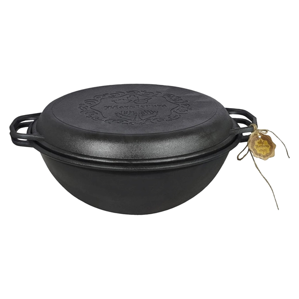 Uzbekischer WOK Kessel aus Gusseisen, mit Pfannen-Deckel, 15 L