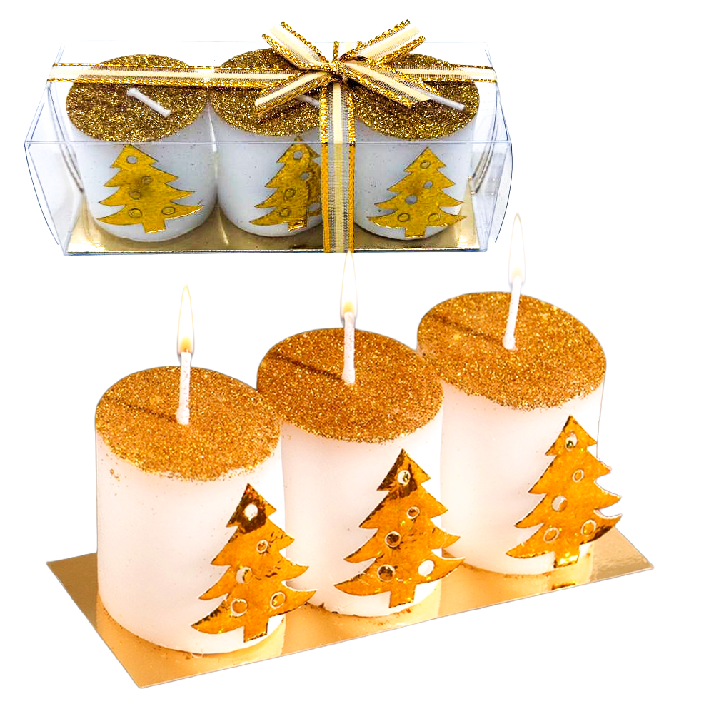 Kerzenset, mit goldenen Tannenbaum-Mustern, 13 x 4,5 x 4,5 cm ( 3 Stück)