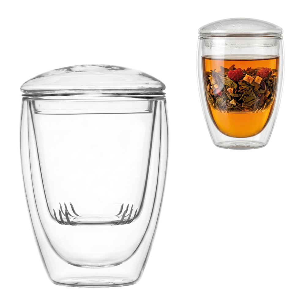 Doppelwandige Glas-Thermotasse 3-in-1 mit Teesieb und Deckel, 350 ml