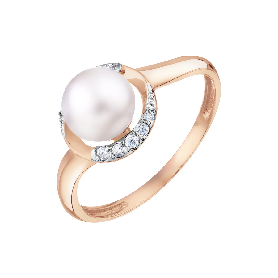 Exquisiter Damenring, Russisches Rotgold 585, mit 10 Zirkonia und Perle - Größe ca. 6,5-7 mm, Frontbreite ca. 10,2 mm