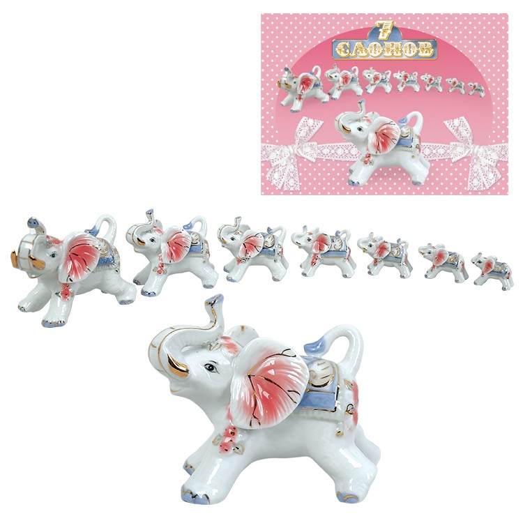 Figuren-Set "7 Elefanten" aus Porzellan, rosa-weiß