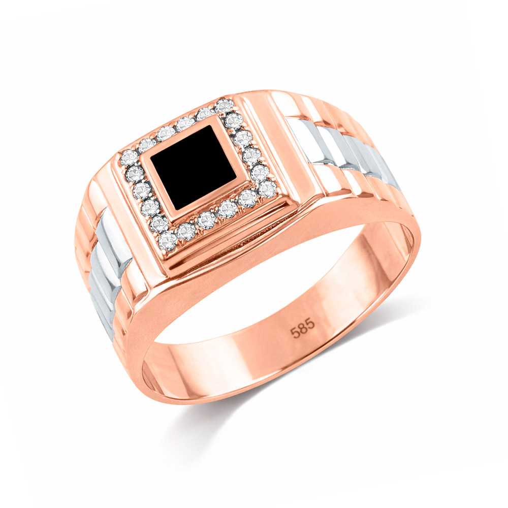 Ausdrucksstarker Herrenring aus Rotgold 585, mit Zirkonia, Gewicht ca. 5,5 g.