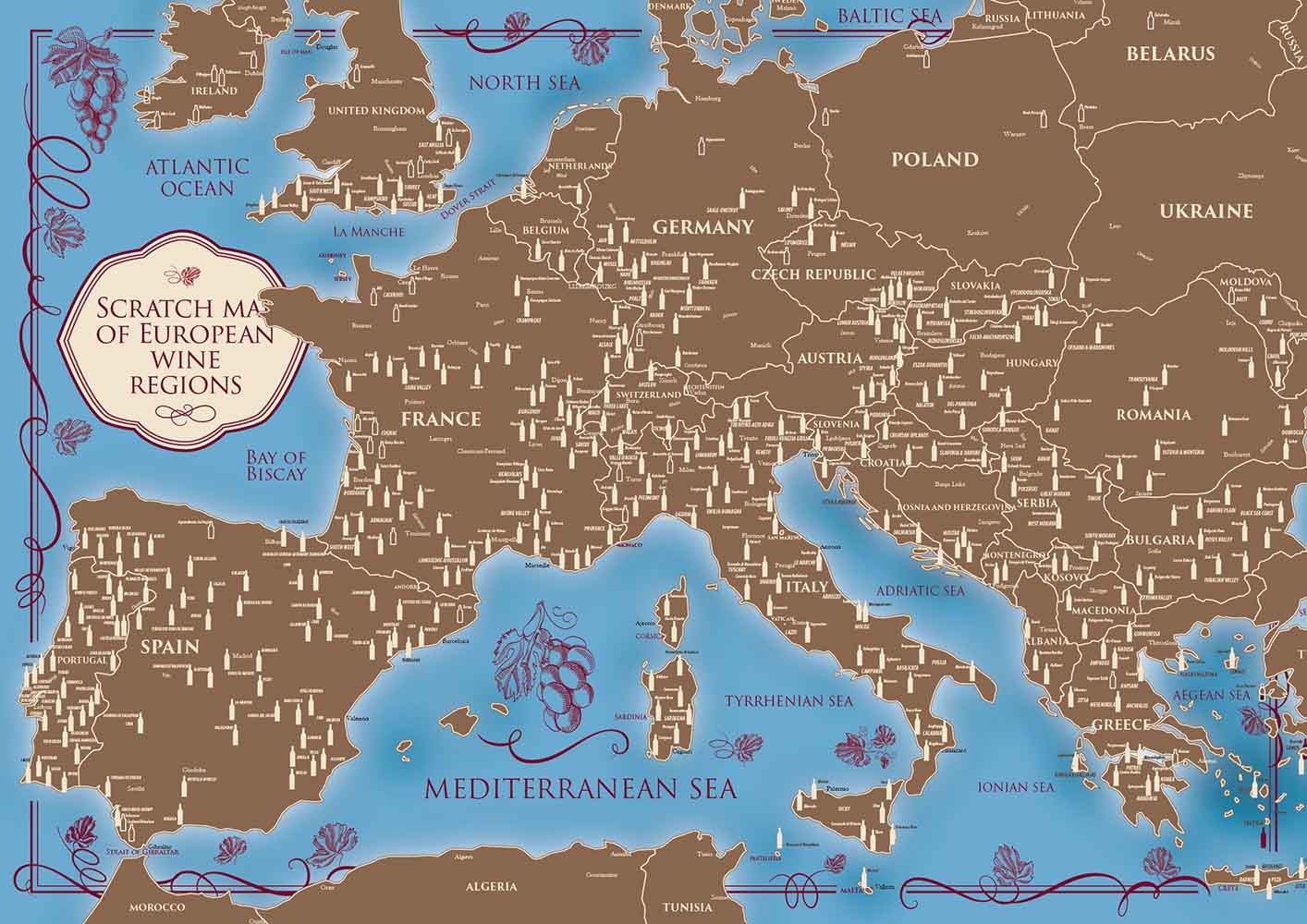 Rubbel-Karte "Weinregionen in Europa" in der Tube (42x30cm, Englisch)