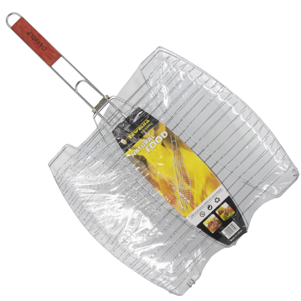 OLYMP Grill-Fischgitter, dreifach aus Edelstahl, mit Holzgriff, 30 x 40 cm