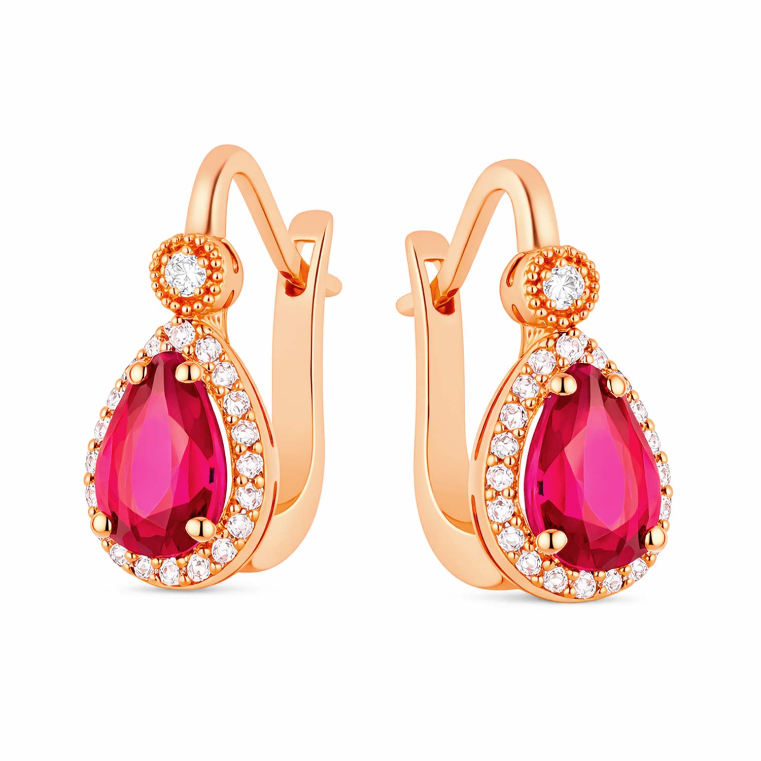 Ohrringe aus 585 Rotgold mit roten Rubinen und farblosen Zirkonia