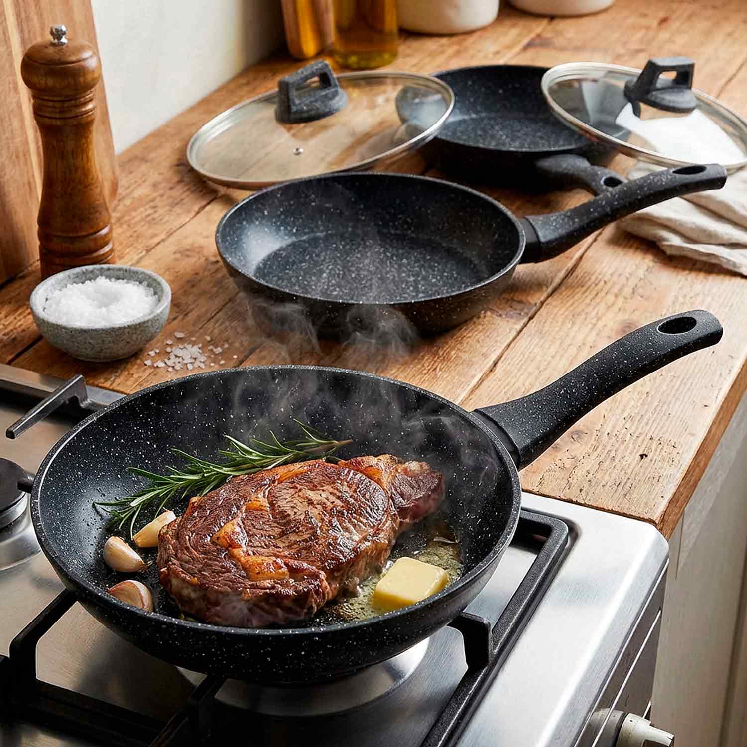 Kaufbei Pfannen-Set mit Glasdeckeln – 3-teilig (20, 24, 28 cm)