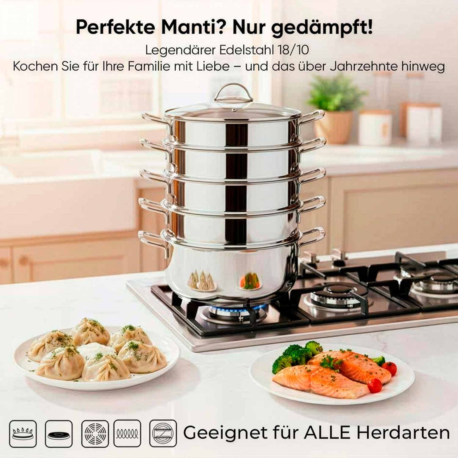 BEM Dampfkocher aus Edelstahl 18/10 mit Glasdeckel, 6-tlg., 26 cm