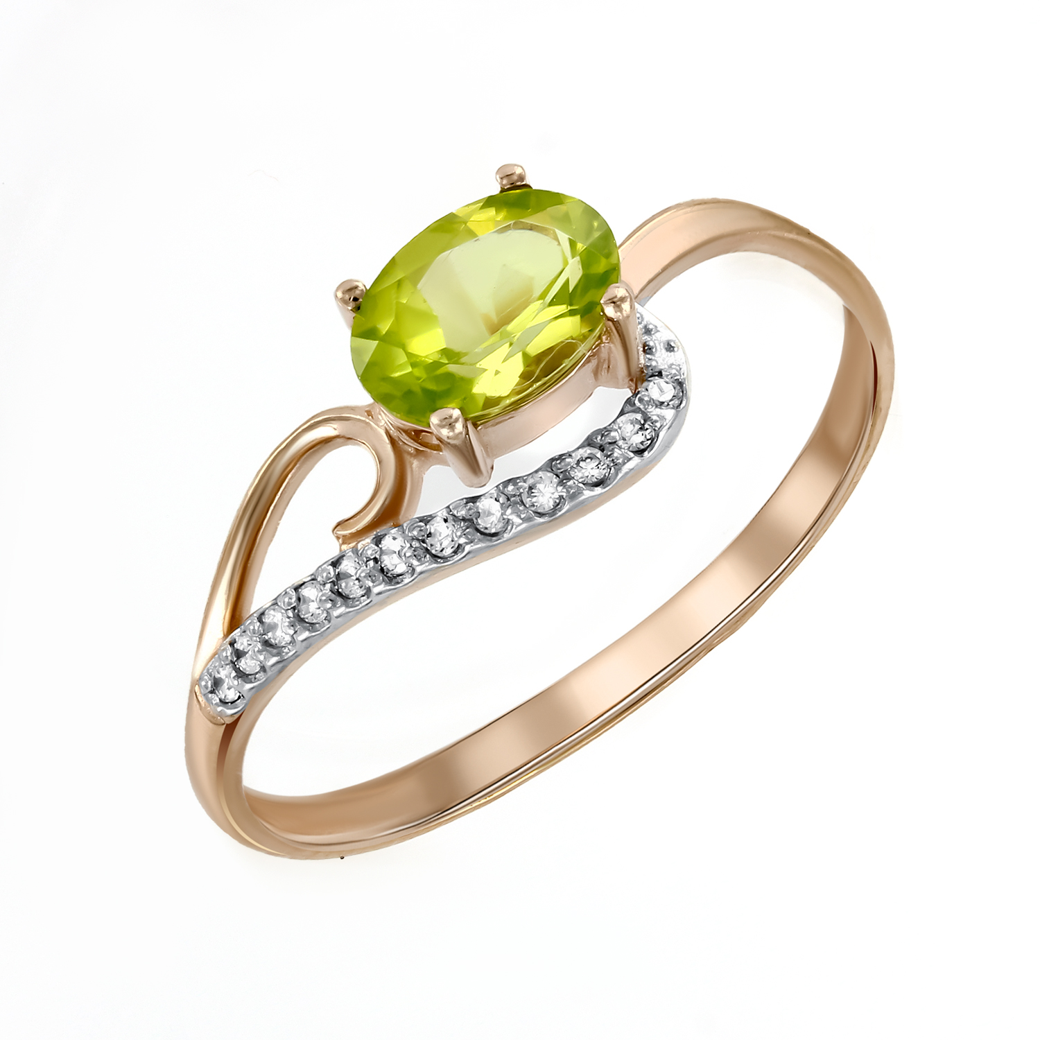 Damenring, Russisches Rotgold 585, mit Chrysolith - Größe des Steins ca. 7x5 mm und Zirkonia, Gewicht des Schmuckstücks: ca. 1,72 gr.