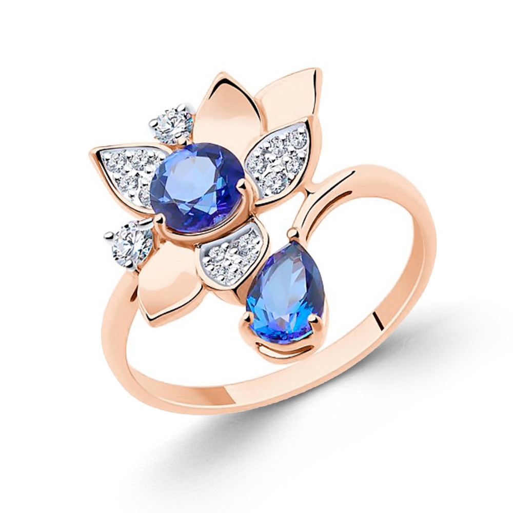 Sokolov Damenring aus 585 Rotgold mit blauen Topas und Zirkonia