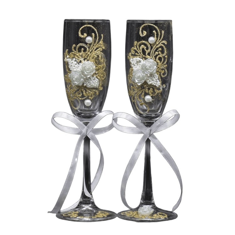 Geschenkset 2 Hochzeitsgläser in gold-weiß, 23,5 cm