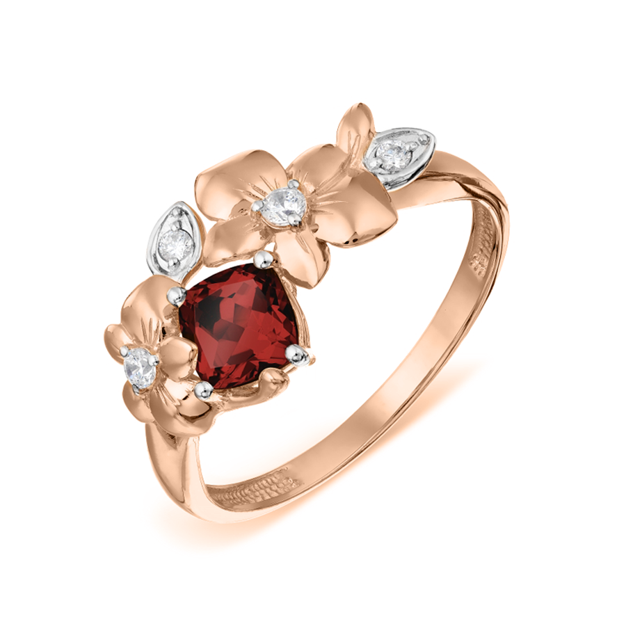 herrlicher Damenring, Rotgold 585, mit Granat 5x5 mm und Zirkonia