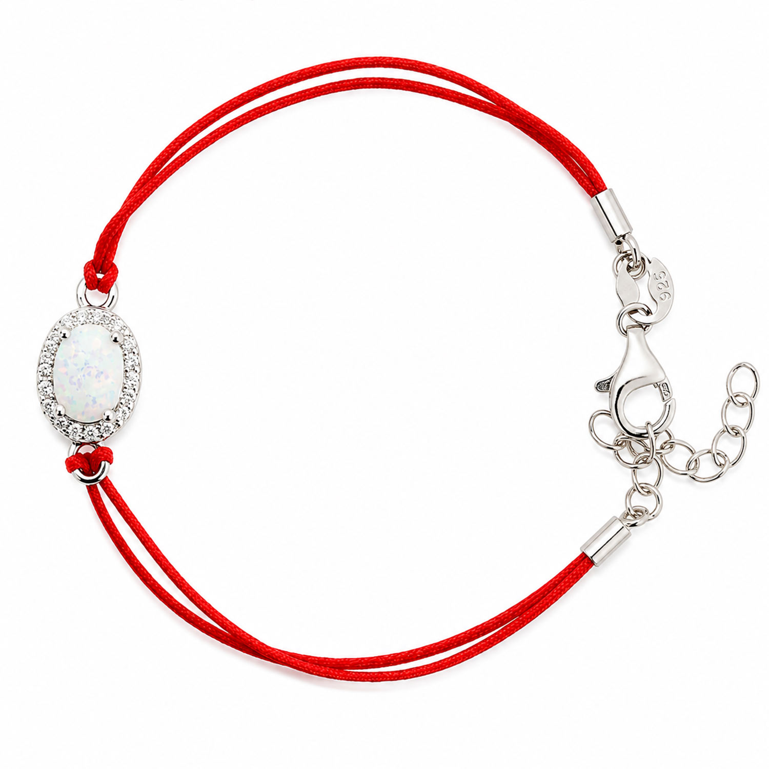 Rotes Fadenarmband mit weißem Opal und Zirkonia in 925 Silber