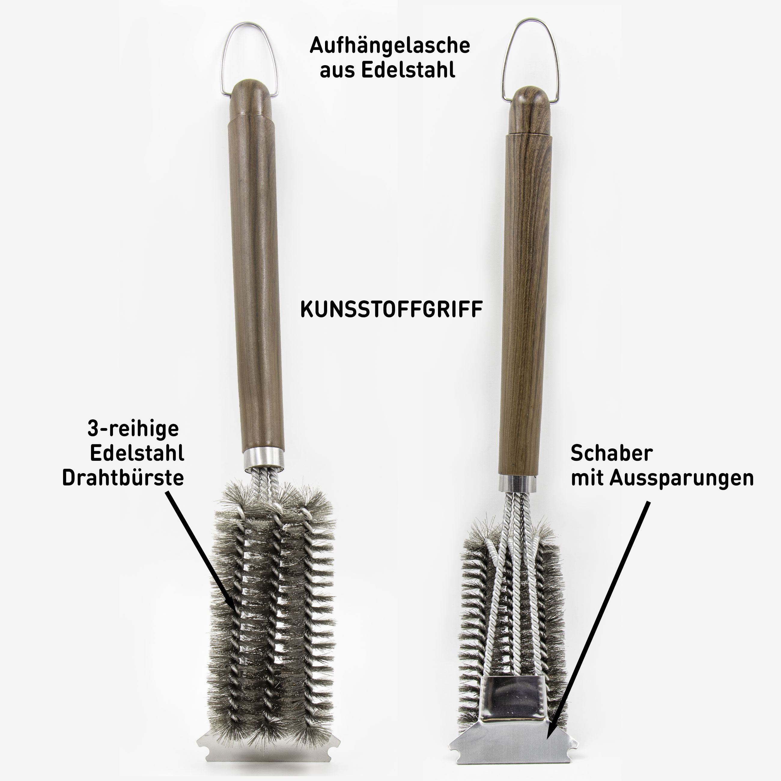 Drahtborsten Grillbürste mit Schaber 3-fach Reinigungsbürste, 41 cm
