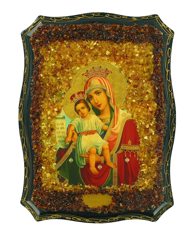 Russische orthodoxe Ikone Mutter Gottes "Der Barmherzige", mit echtem Bernstein Geschmückt