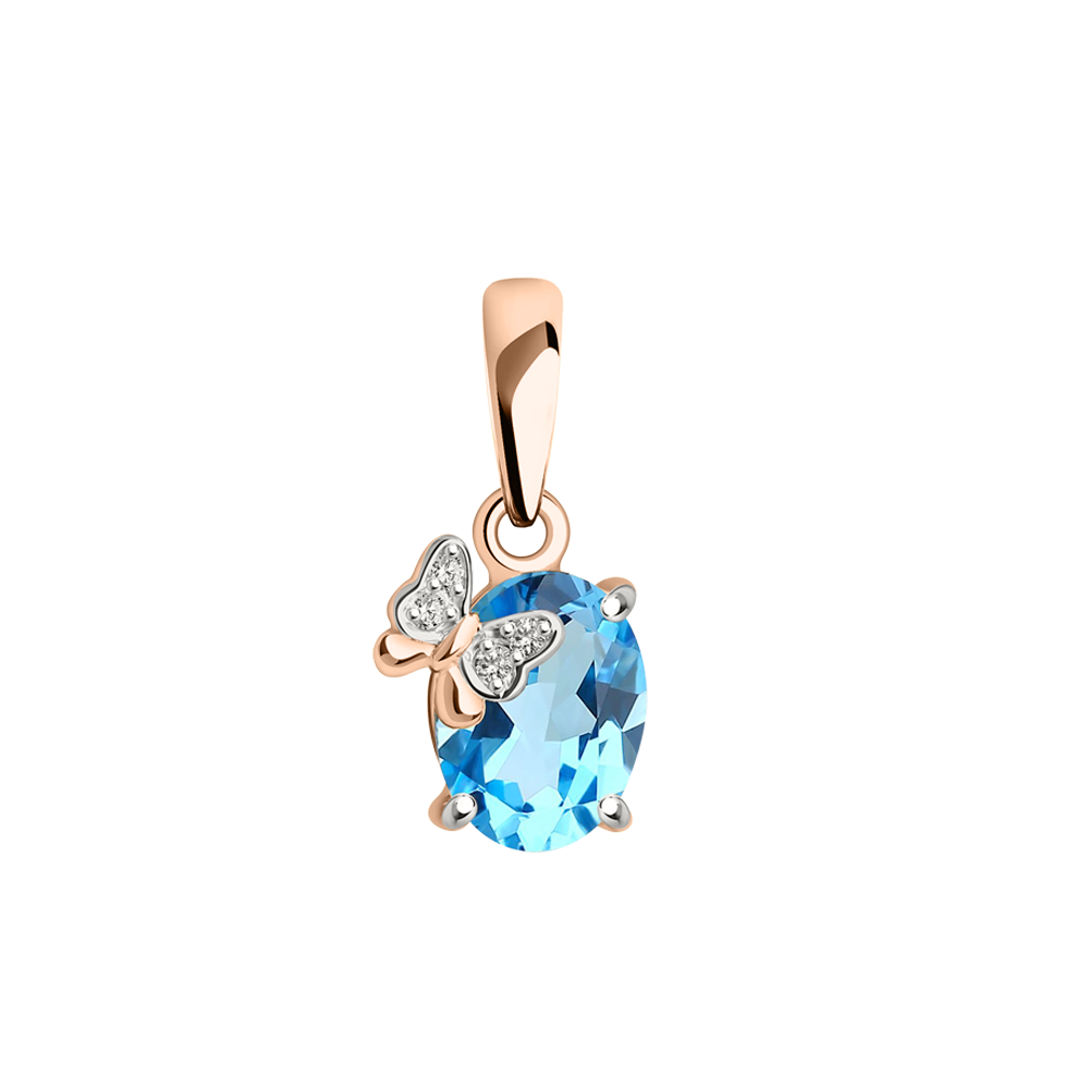 Anhänger aus Rotgold 585, mit Schmetterling, mit Topas Swiss – Größe ca. 8×6 mm, und 4 Zirkonia, Breite ca. 8 mm, Höhe ca. 17 mm
