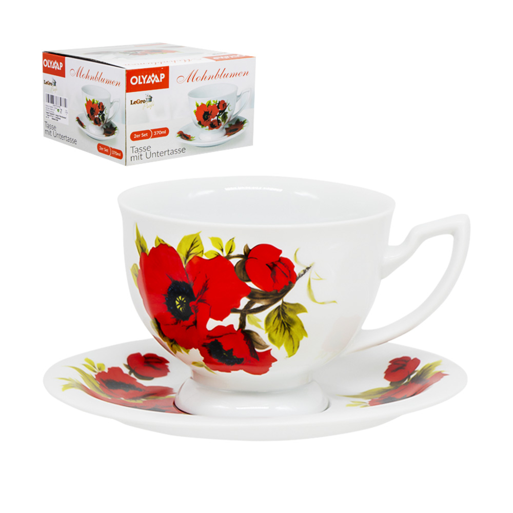 OLYMP Teeset Kaiserlich mit Design Mohnblumen, 1 Tasse 370 ml + 1 Untertasse