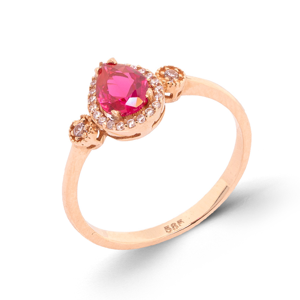 Damenring aus 585 Rotgold mit rotem Rubin und farblosen Zirkonia