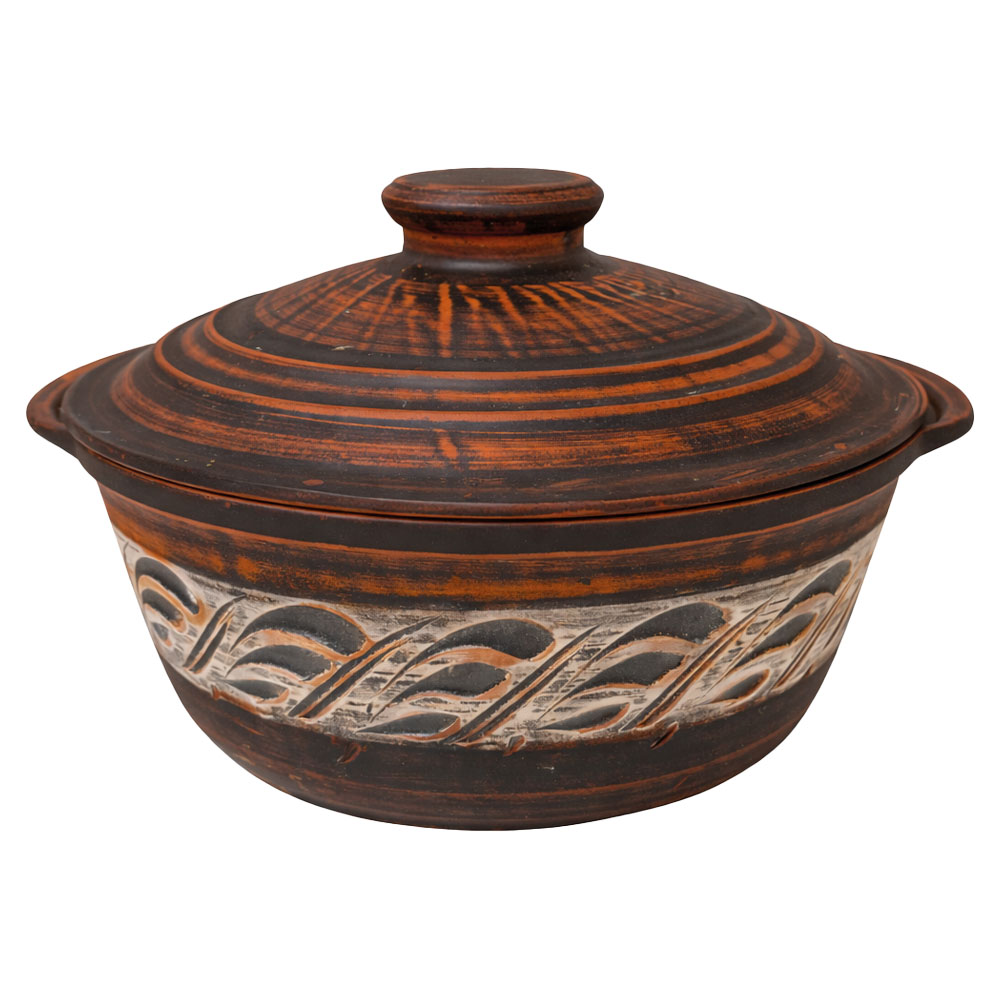 Keramik-Bräter aus Naturton Engobe, mit Henkeln und Deckel, 2 L