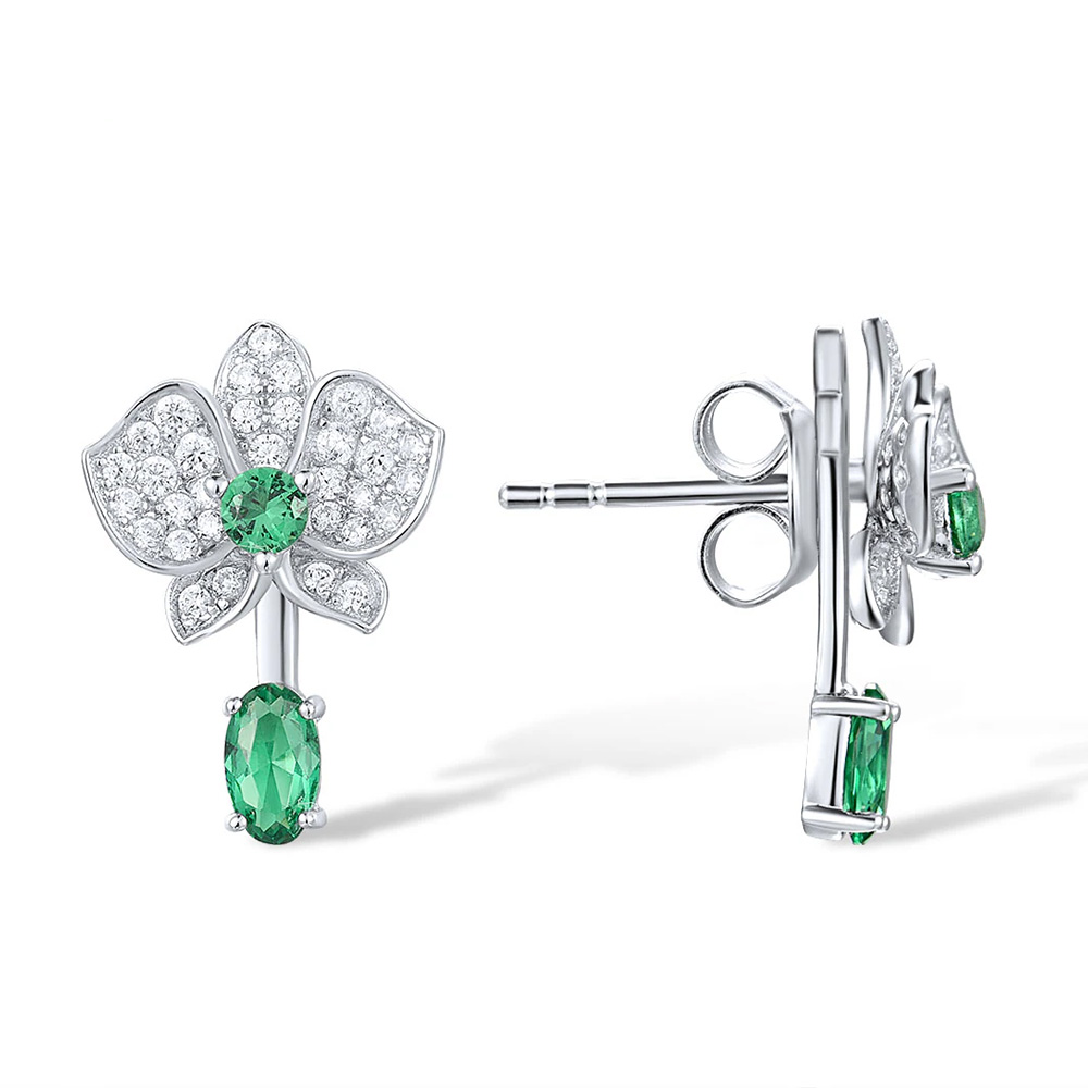 Blumen Ohrstecker aus 925 Silber mit farblosen Zirkonia und grünen Spinellen