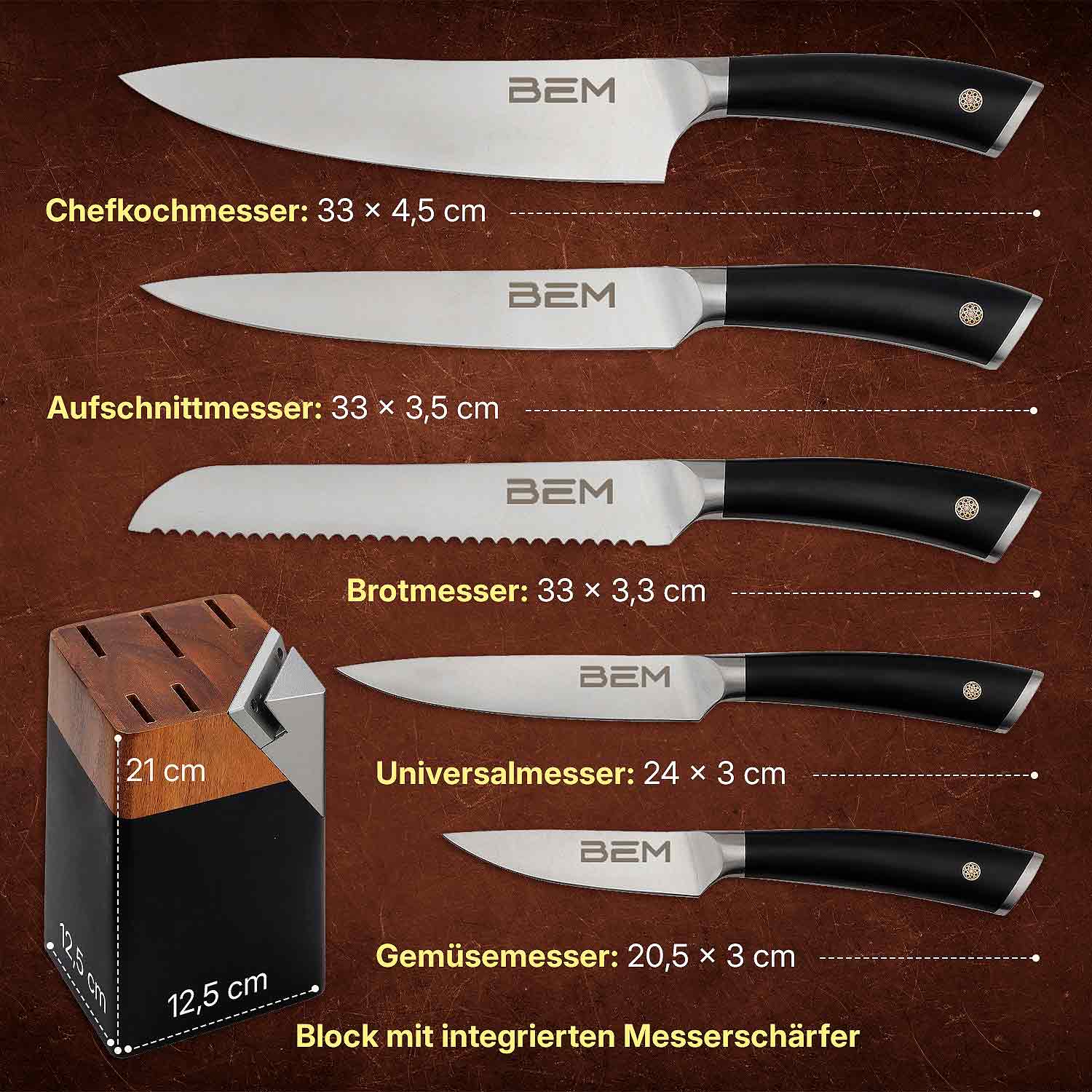 BEM Master Chef - Messer-Set 6-tlg. aus Edelstahl mit Messerblock und integriertem Schärfer