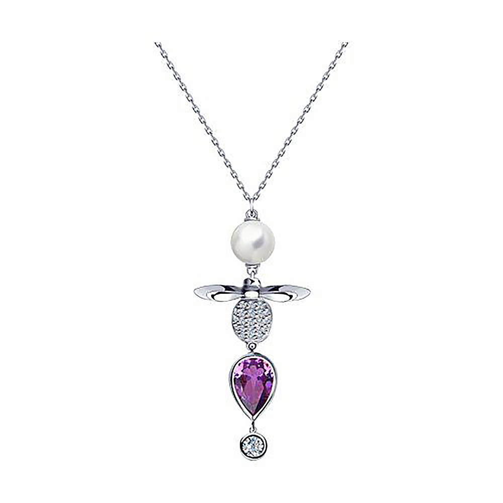 Collier aus 925 Silber mit Swarovski-Perlen, lila Sitall und farblosen Zirkonia