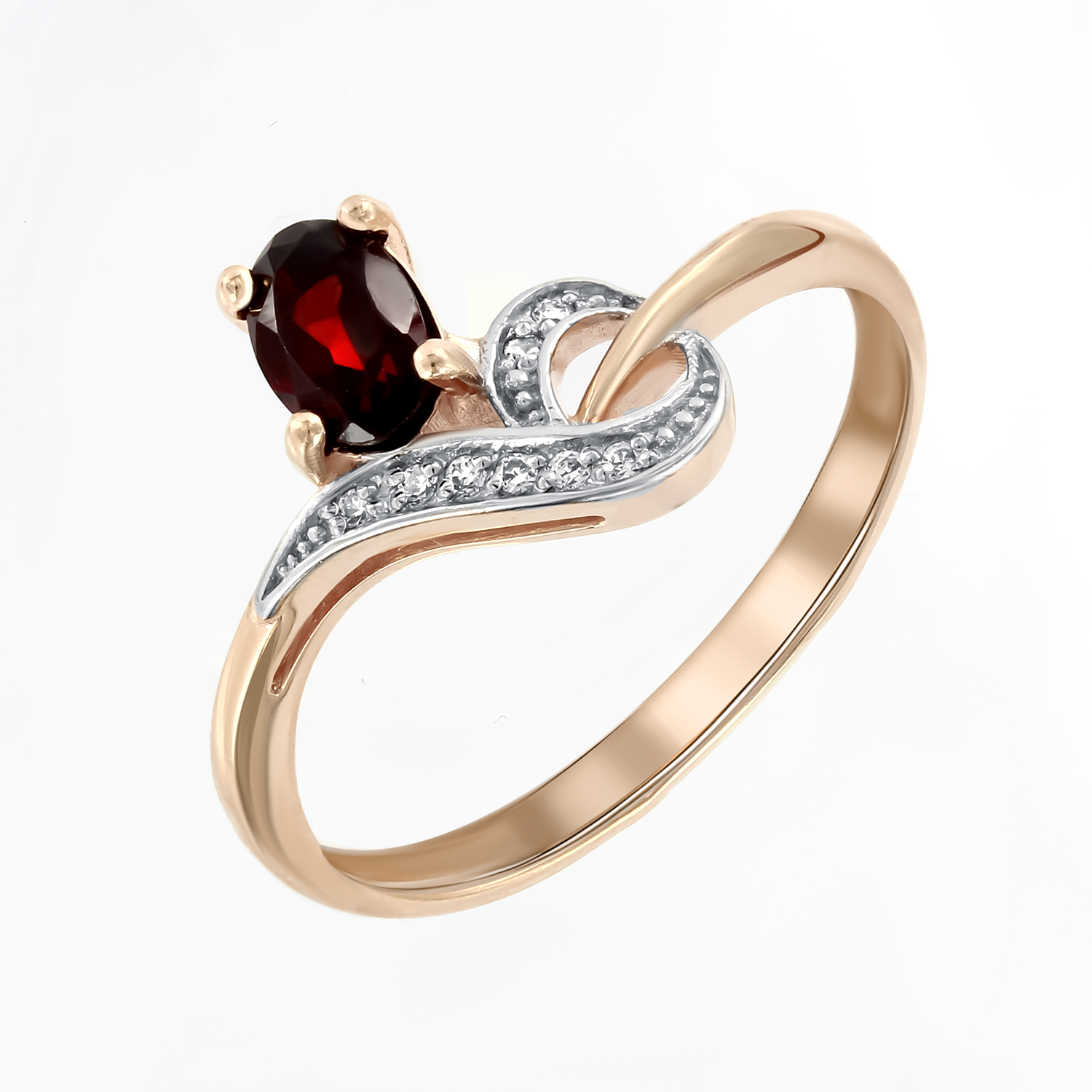 Damenring, Russisches Rotgold 585, mit Granat - Steingröße ca. 6x4 mm und Zirkonia, Gewicht des Schmuckstücks: ca. 2,54 gr.