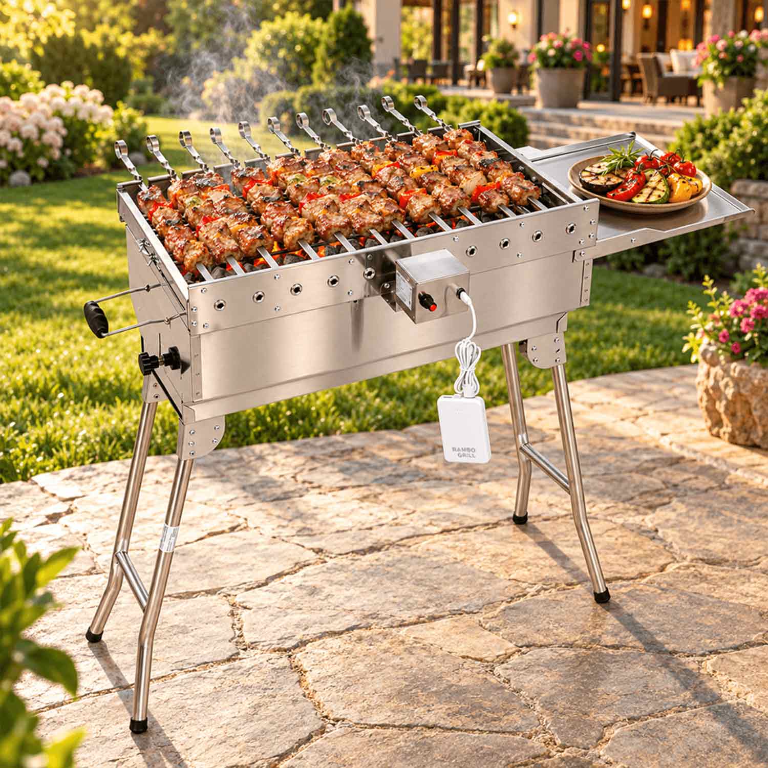 Rambo Grill Set – Edelstahl-Mangal mit Grillaufsatz für 11 automatisch drehende Spieße