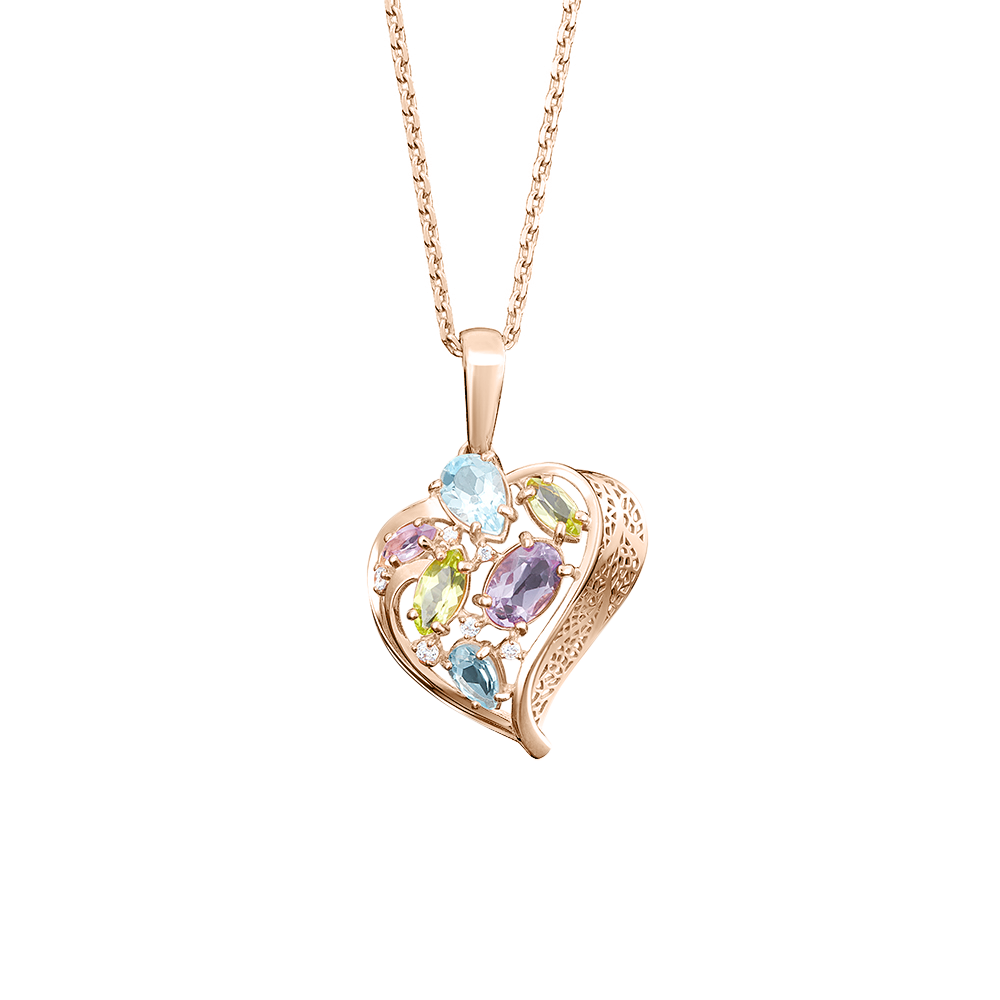 Anhänger, Russisches Rotgold 585, mit Zirkonia, Topas, Amethyst, Chrysolith, Höhe ca. 28 mm