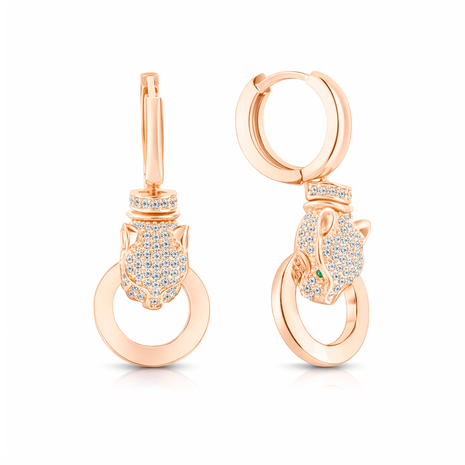 Einzigartige Ohrhänger mit Leopardenkopf, Russisches Rotgold 585, mit farblosen und grünen Zirkonia, Höhe ca. 35 mm