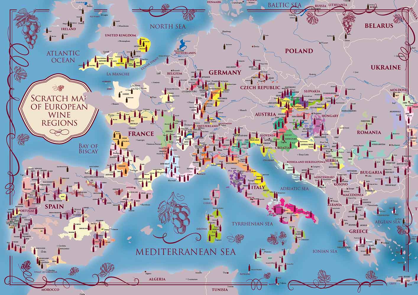 Set Rubbel-Karte "Weinregionen in Europa" & Badagoni Kisi Weißwein Trocken 2019