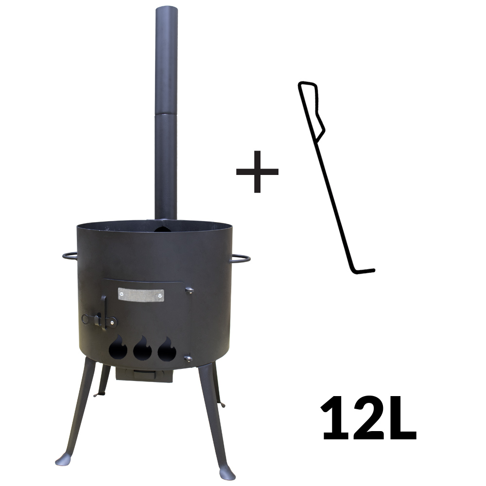 Kukmara Feuerofen mit Schornstein und mit Schürhaken, für einen Kasan 12 L, Stahl 2 mm