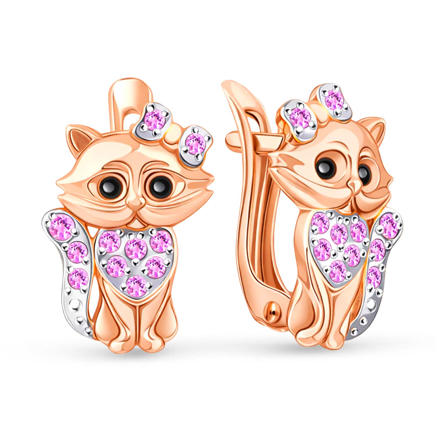 Kinderohrringe Katze aus 585 Rotgold mit rosa Zirkonia