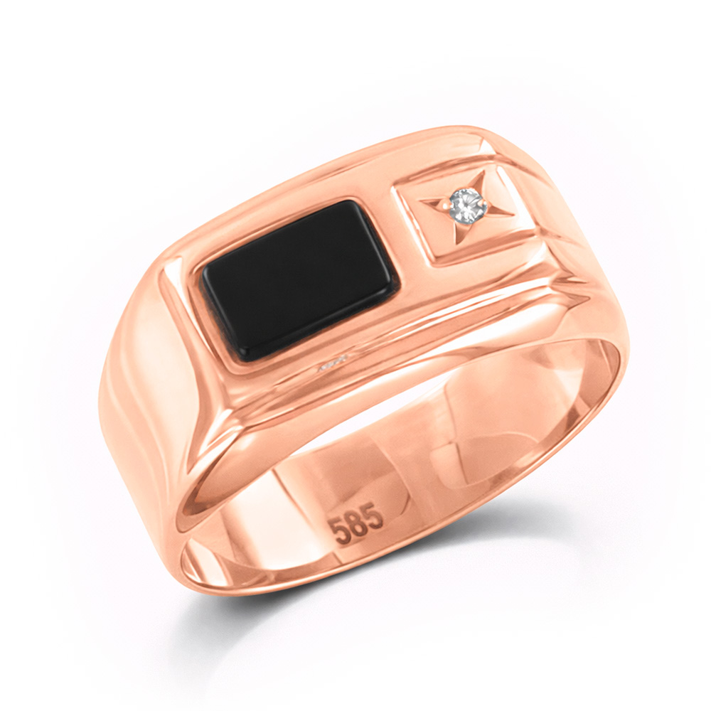raffinierter Herrenring, Rotgold 585, schwarze Onyx und Zirkonia