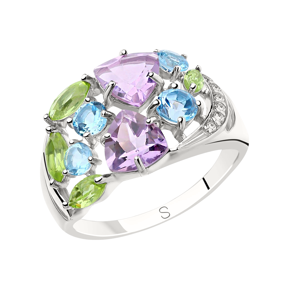 erstklassiger Damenring mit Topas, Amethyst HTS, Chrysalith, Zirkonia, Silber 925