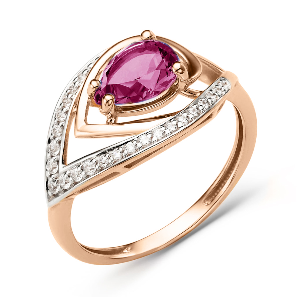 Damenring, Russisches Rotgold 585, mit Zirkonia und Amethyst, Breite ca. 12 mm
