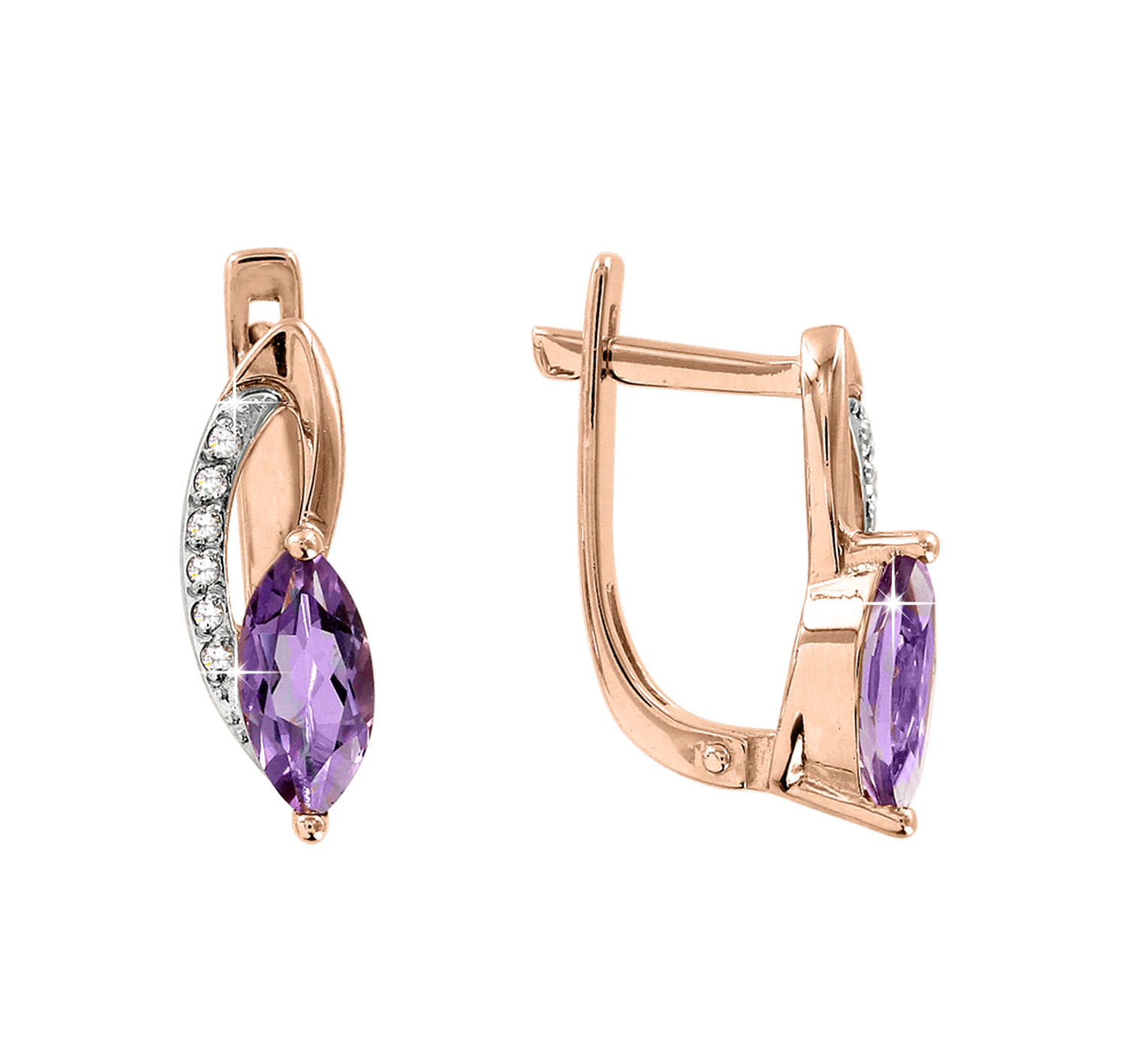 attraktive Ohrhänger, Rotgold 585, mit Amethyst und Brillanten 0,07 ct. WSI, Höhe ca. 14 mm