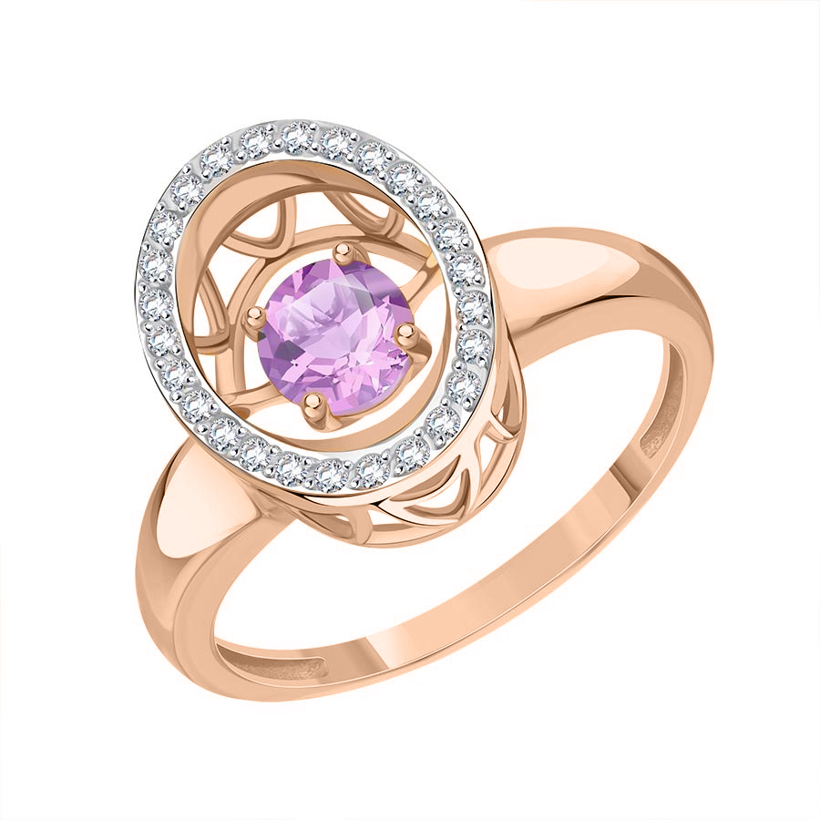 Damenring, Russisches Rotgold 585, mit Amethyst und Zirkonia, Größe des dekorativen Teils ca. 13x11 mm