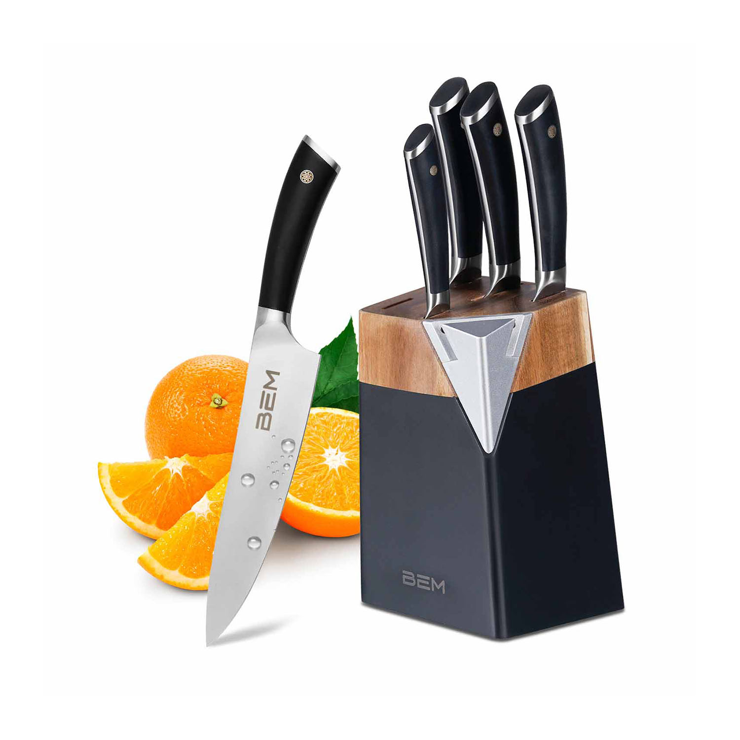 BEM Master Chef - Messer-Set 6-tlg. aus Edelstahl mit Messerblock und integriertem Schärfer