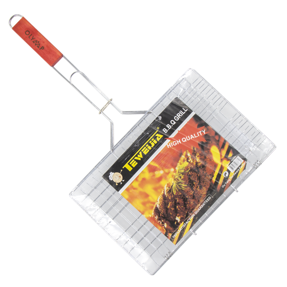 Grillrost, Grillgitter aus Edelstahl, mit Holzgriff, 34 x 21 cm