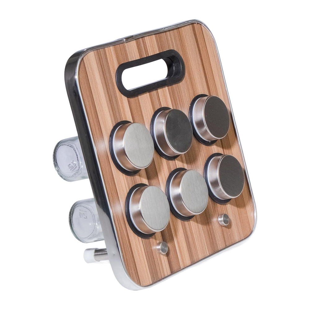 Gewürzständer mit 6 Gewürzdosen aus Glas und Edelstahl, Halter in Holzoptik