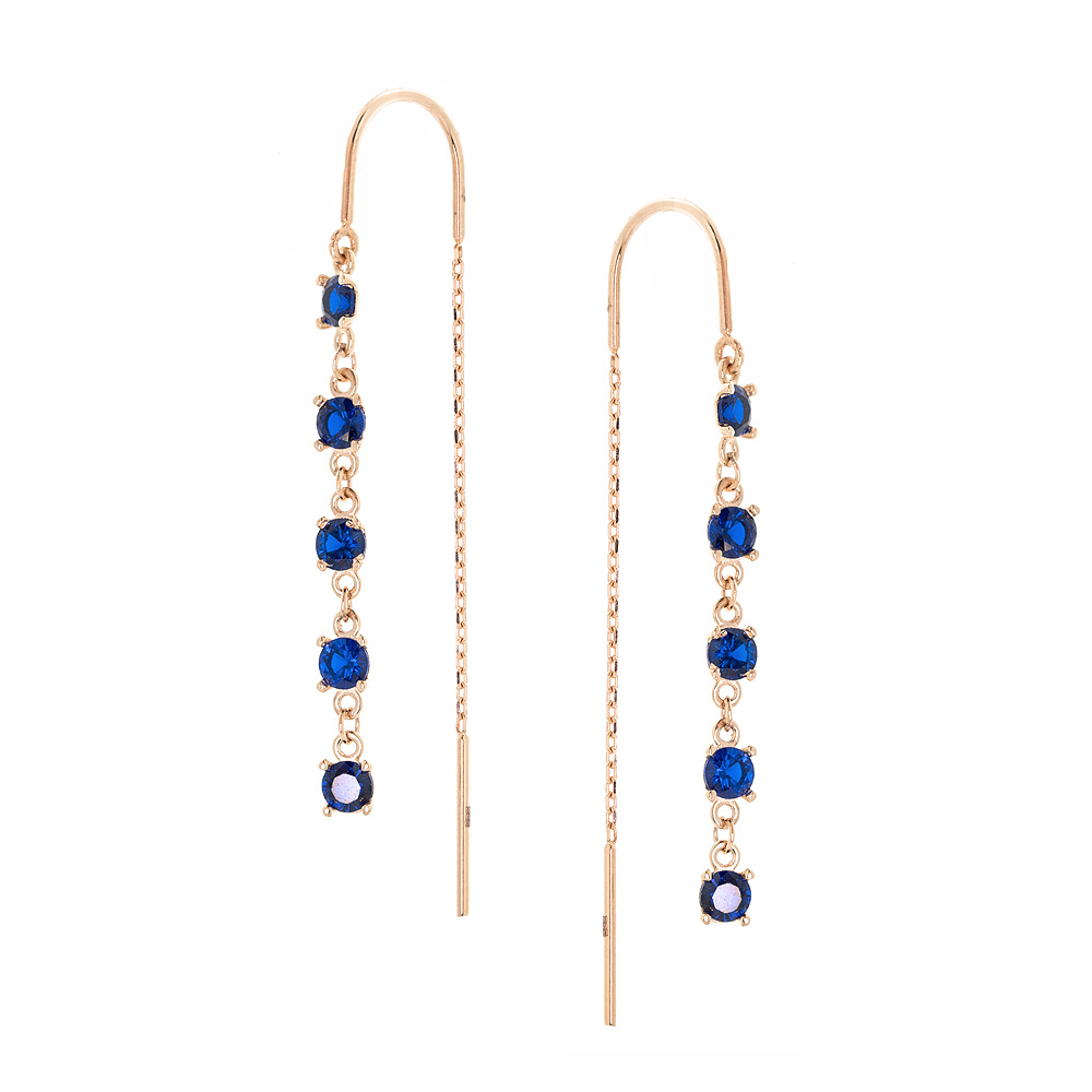 Durchzieher-Ohrringe aus 585 Rotgold mit dunkelblauen Zirkonia