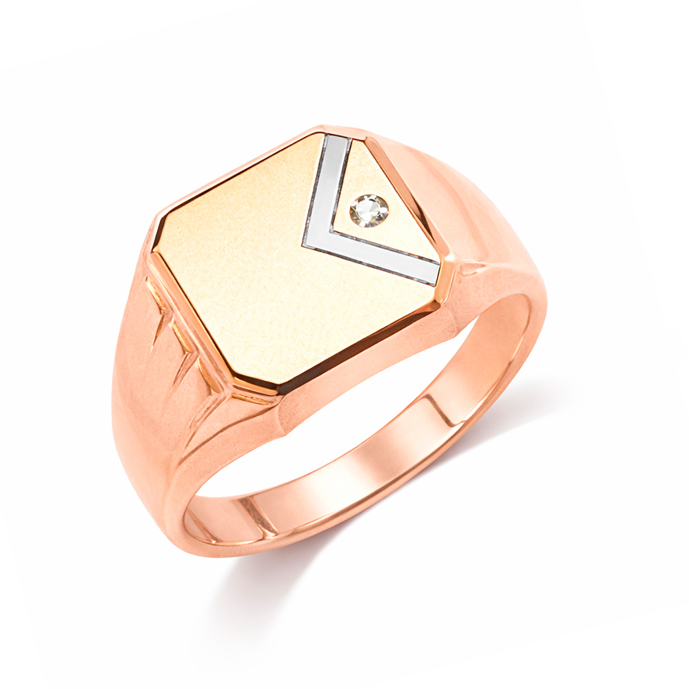 Ausgezeichneter Herrenring, Rotgold 585, Zirkonia, Gewicht ca. 5,5 g.